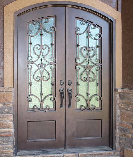Double Door Iron Entry arched top, Italian style, Florence Collection, Patented Thermal Break, hand-rubbed finish, Cotswald glass, operable iron grill