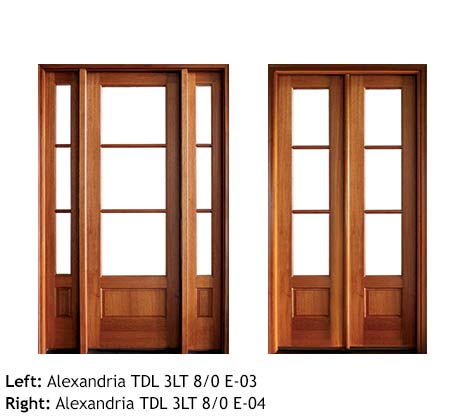 Transitional French doors square top single and double, Mahogany, 3 divided beveled glass panels, raised wood bottom panels 8/0, sidelights, transoms