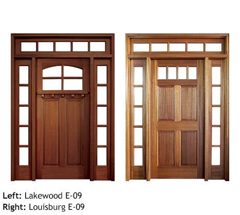 Bungalow style and Colonial single exterior door entries, Mahogany, clear beveled glass, divided 4 lite glass panels, raised wood panels with drip cap, 5 lite divided sidelights and transom