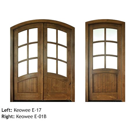 French Country style arched top single and double entry doors, Flemish glass divided glass 6 panels, raised wood bottom panels, Mahogany or Knotty Alder