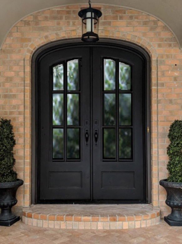 Tuscan style, custom double door iron entry arch top with rounded corners, 6 lite Flemish glass, Patented Thermal Break, Hand Rubbed Bronze finish