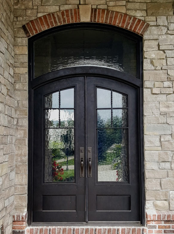 Tuscan farmhouse country style arched double iron doors with matching arched transom, Clear glass, Patented Thermal Break, Black finish