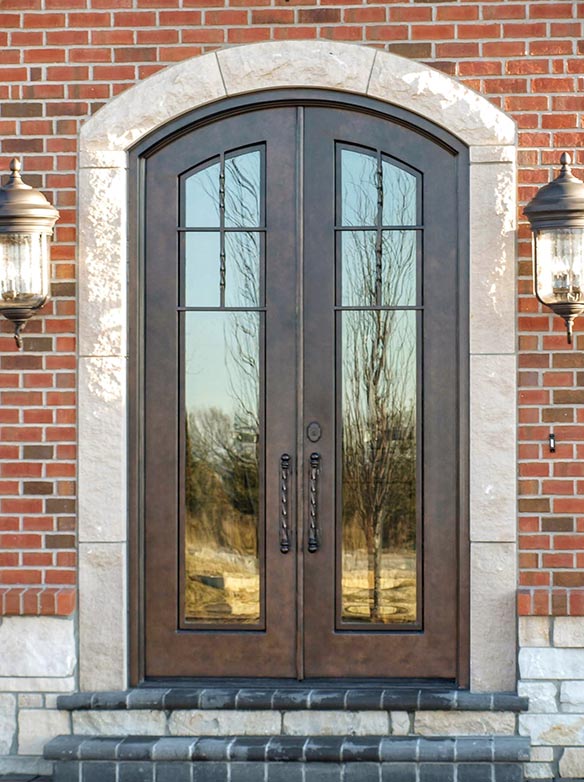 Stock Tuscan style double door iron entry, Clear glass, Patented Thermal Break, Antique Bronze finish