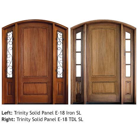Traditional arched top single solid Mahogany panel front doors, glass sidelights with scrolled iron grills 