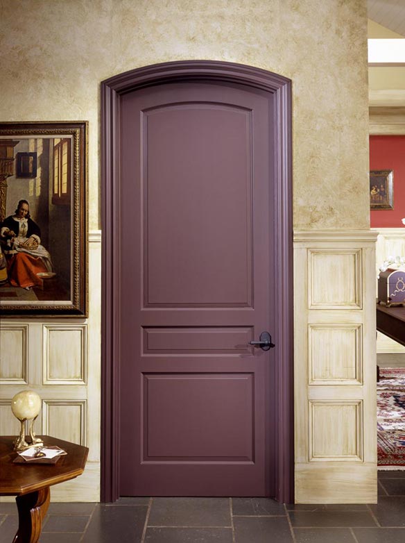 Traditional single interior arch top MDF door, painted purple finish, 3 raised panels, Model TS3050