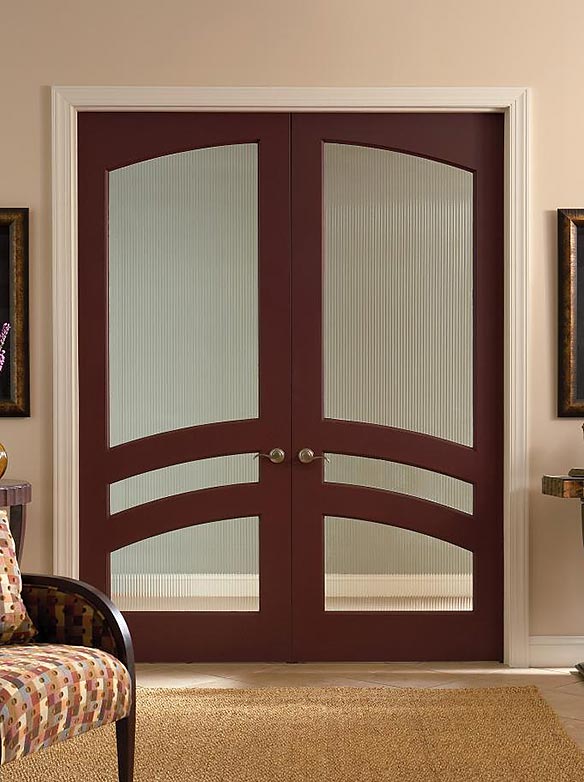 Traditional style, interior double doors, art glass panels, mahogany, square top w/ interior common arch, Model TS3160