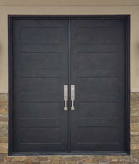 Modern double door iron entry, square top, 5 recessed iron panels, Patented Thermal Break, hand-rubbed bronze finish, stock Apollo Collection