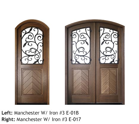 Traditional Mahogany arched wood single and double entry doors, clear or Flemish glass, operable iron grills, herringbone wood panel