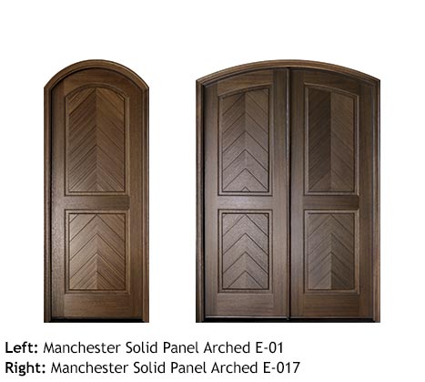 Spanish Colonial style Mahogany arched wood single and double entry doors, herringbone wood panel