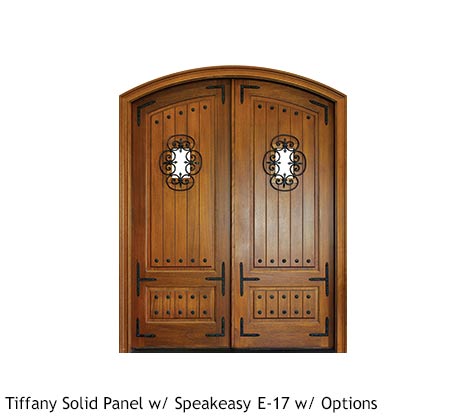 French country style arched front double entry, Mahogany, iron speakeasy, clavos, door straps, v-grooved wood panels